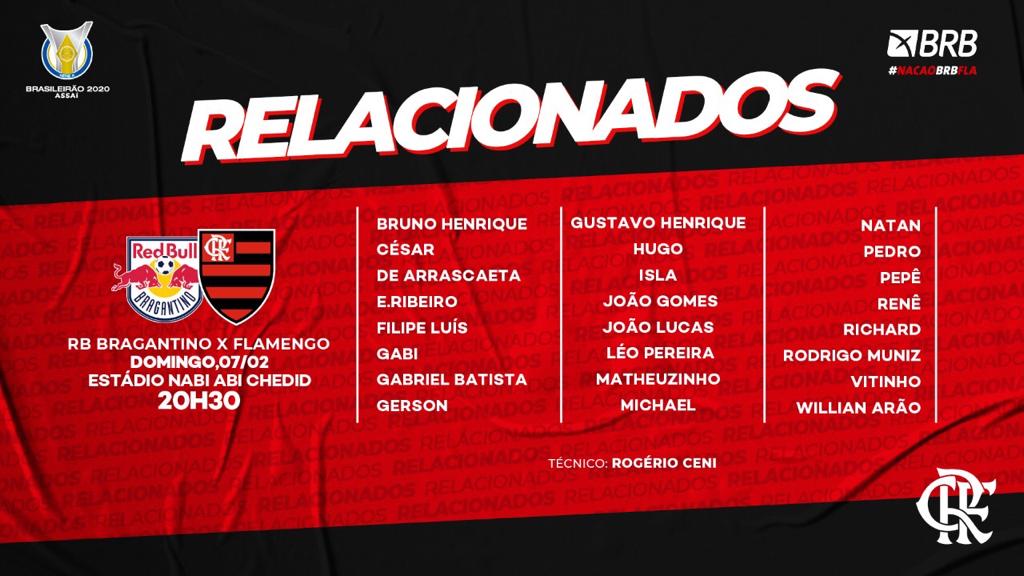 Flamengo divulga relacionados para jogo contra Bragantino