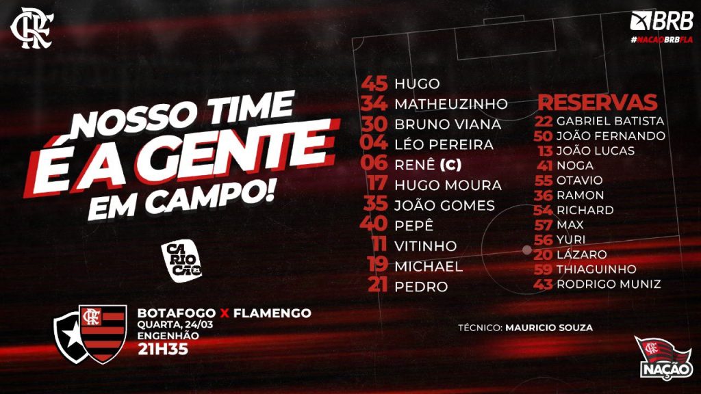 SAIU! Flamengo divulga escalação para clássico contra o Botafogo