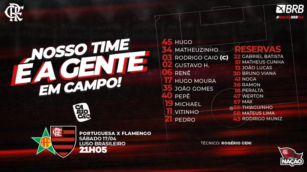 SAIU! Com Rodrigo Caio, Flamengo está escalado para jogo contra a Portuguesa