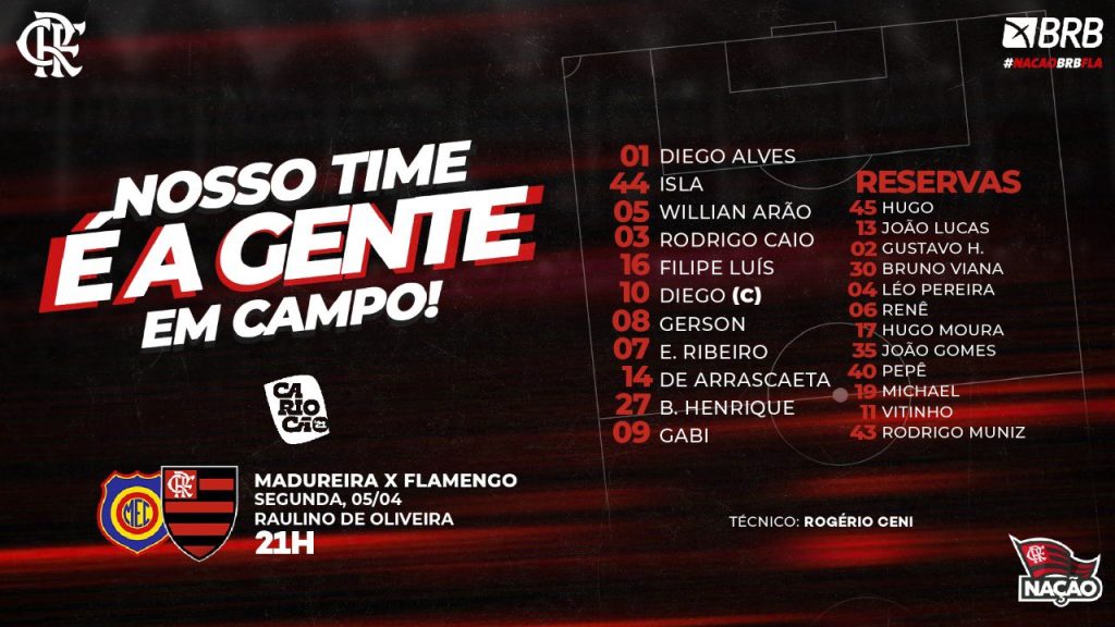 Com Rodrigo Caio titular, Flamengo divulga escalação para jogo contra o Madureira