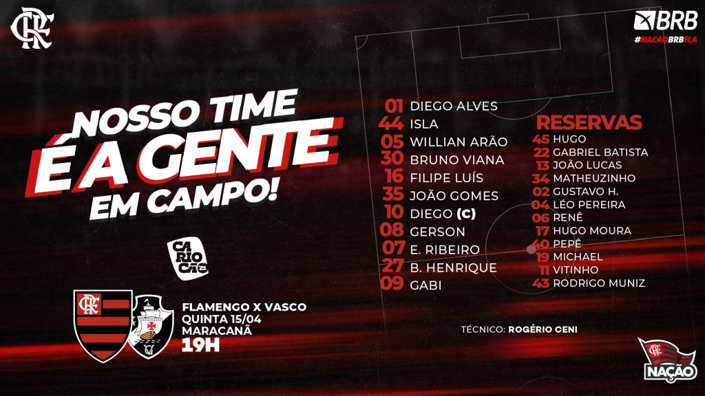 Com Bruno Viana titular, Flamengo divulga escalação para jogo contra o Vasco