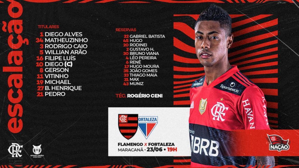 Saiu! Flamengo divulga escalação para jogo contra o Fortaleza