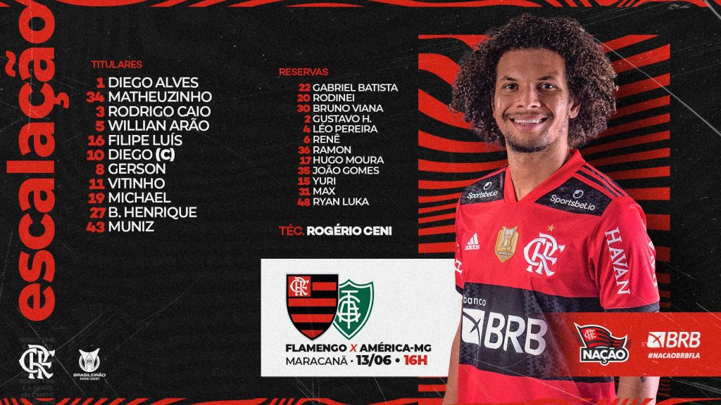 SAIU! Com Rodrigo Caio titular, Flamengo divulga escalação para jogo contra América-MG