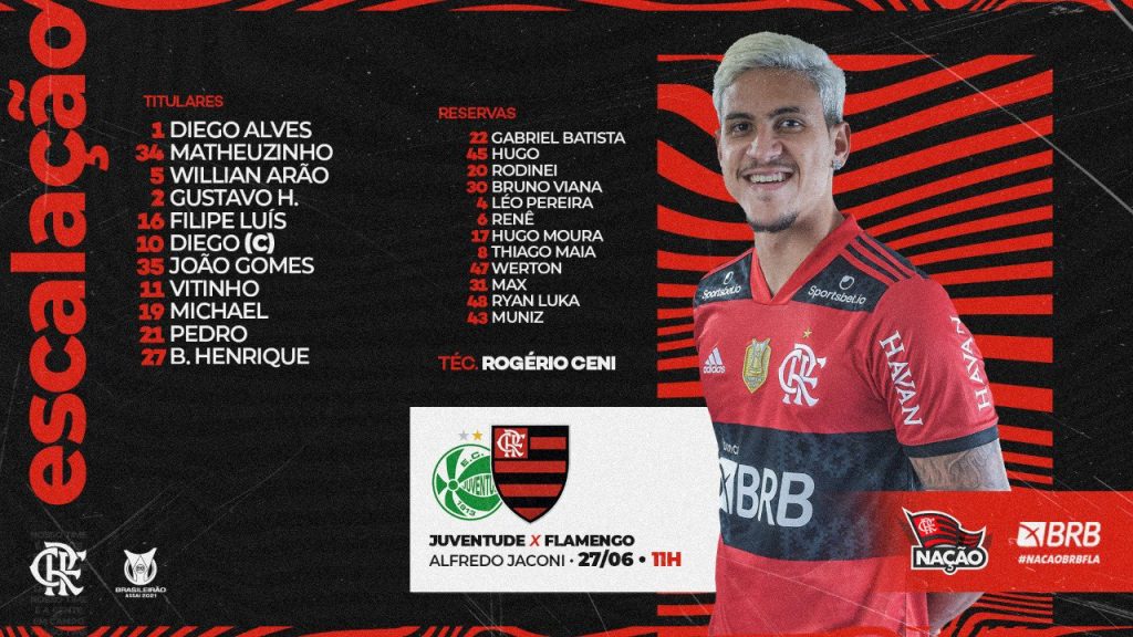 SAIU! Com Gustavo Henrique titular, Flamengo está escalado para enfrentar o Juventude