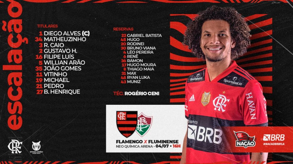 SAIU! Com Arão de volta ao meio-campo, Flamengo divulga escalação para jogo contra o Fluminense