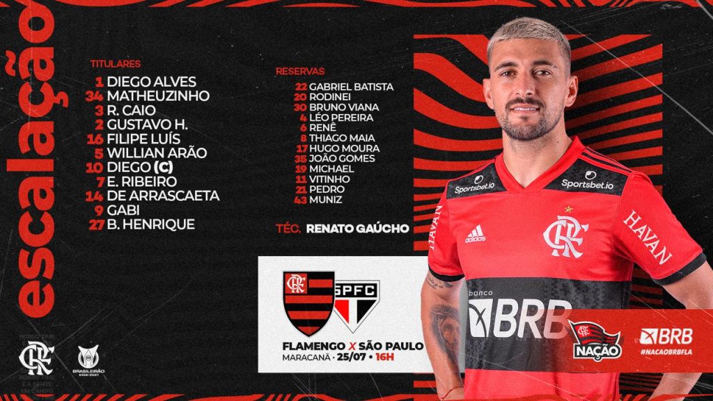 Com Matheuzinho titular, Flamengo divulga escalação para jogo contra o São Paulo