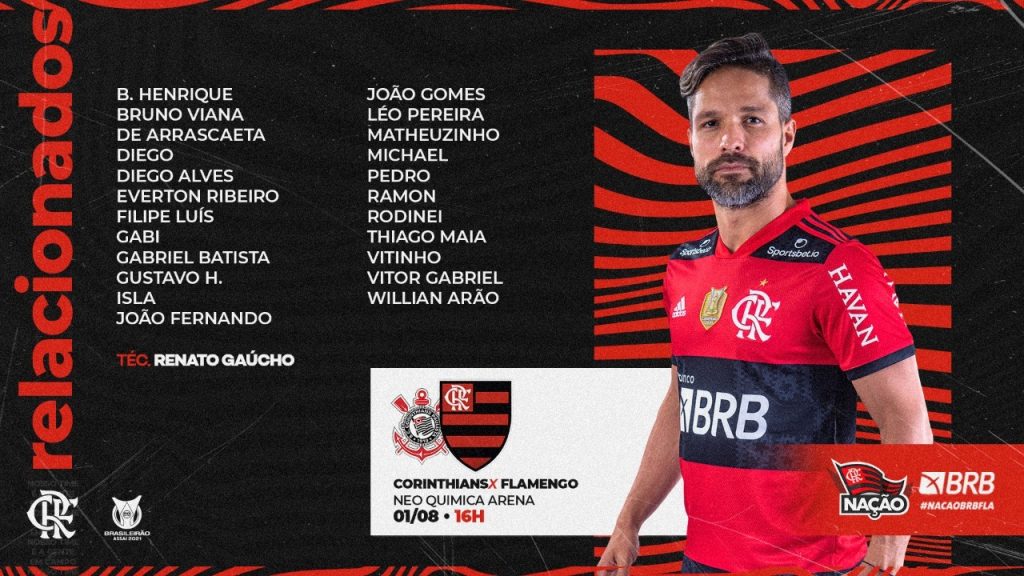 Flamengo divulga relacionados para jogo contra o Corinthians