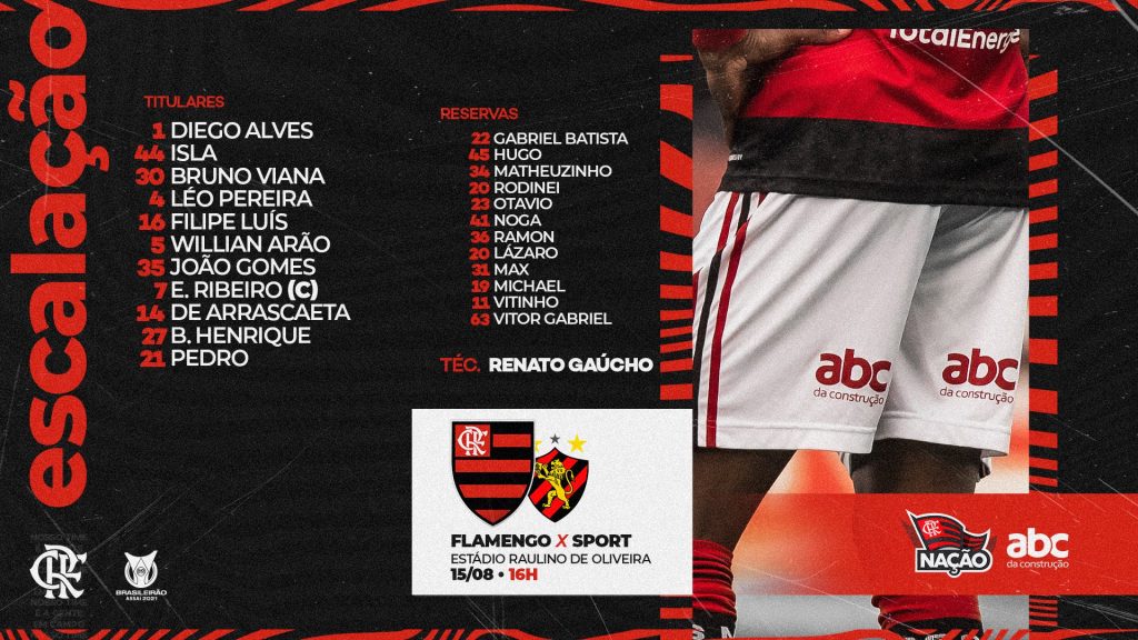 Flamengo divulga escalação para jogo contra o Sport