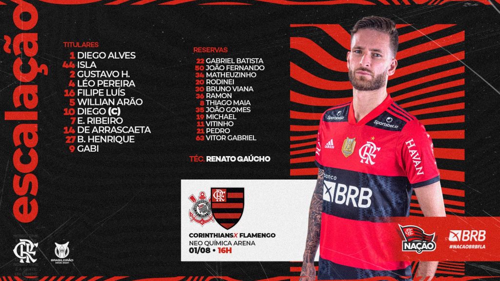 Flamengo divulga escalação para jogo contra o Corinthians