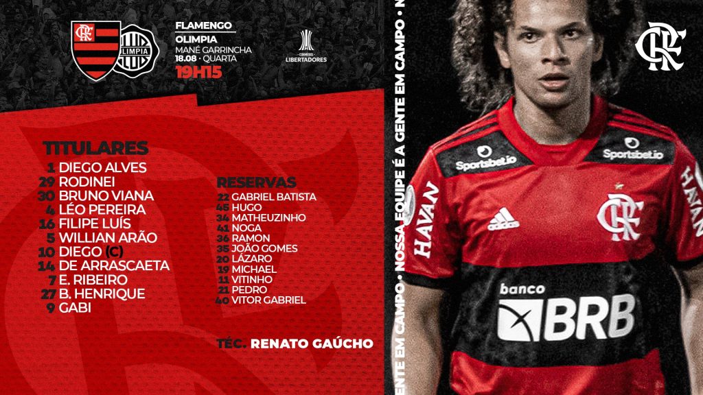 SAIU! Flamengo divulga escalação para jogo contra o Olimpia