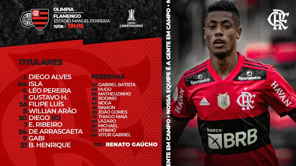 Flamengo divulga escalação para jogo contra o Olimpia