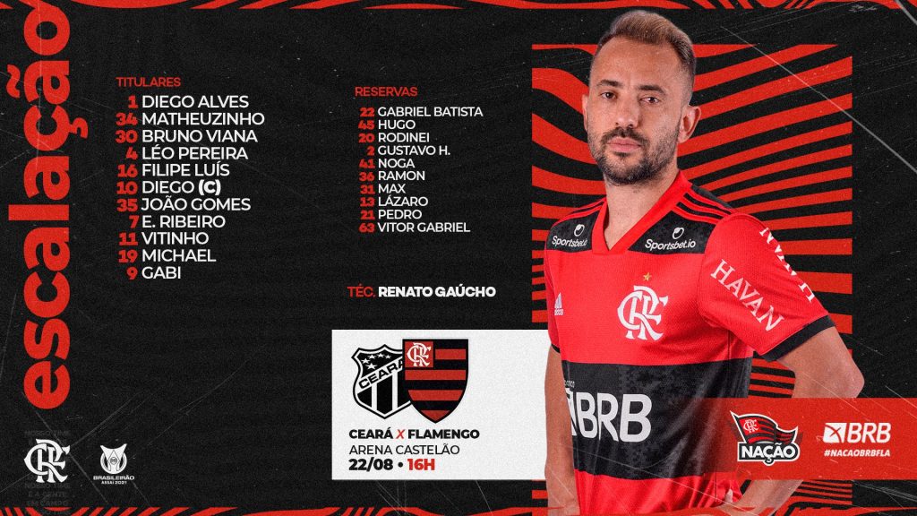 Flamengo divulga escalação para jogo contra o Ceará