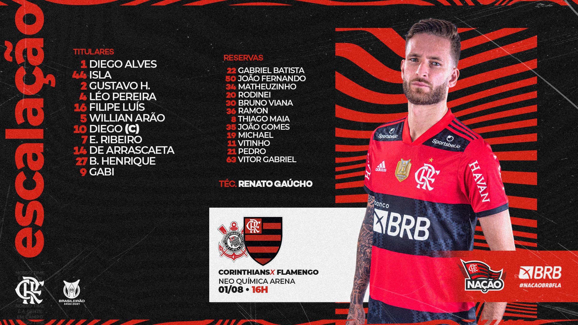 Saiu! Flamengo divulga escalação para jogo contra o Corinthians - Coluna do  Fla