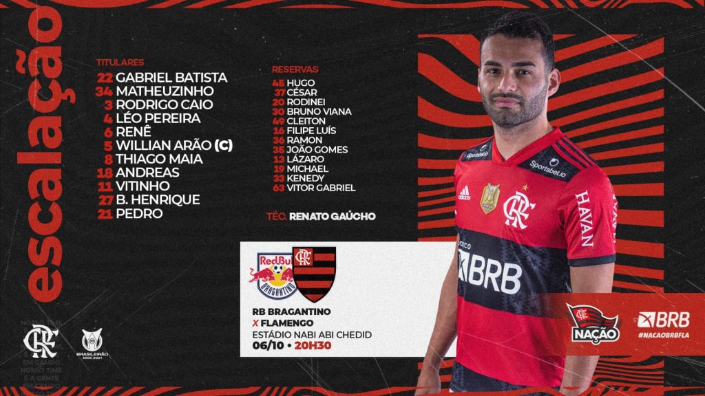 SAIU! Com Bruno Henrique, Flamengo divulga escalação para jogo contra o Bragantino