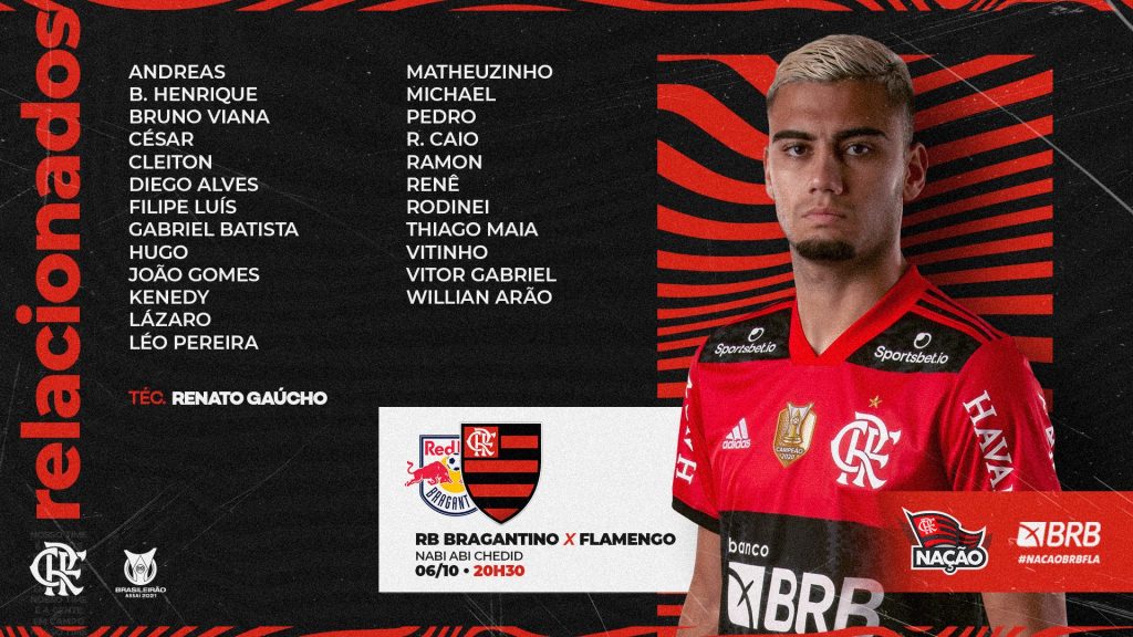 Flamengo divulga relacionados para jogo contra o Red Bull Bragantino