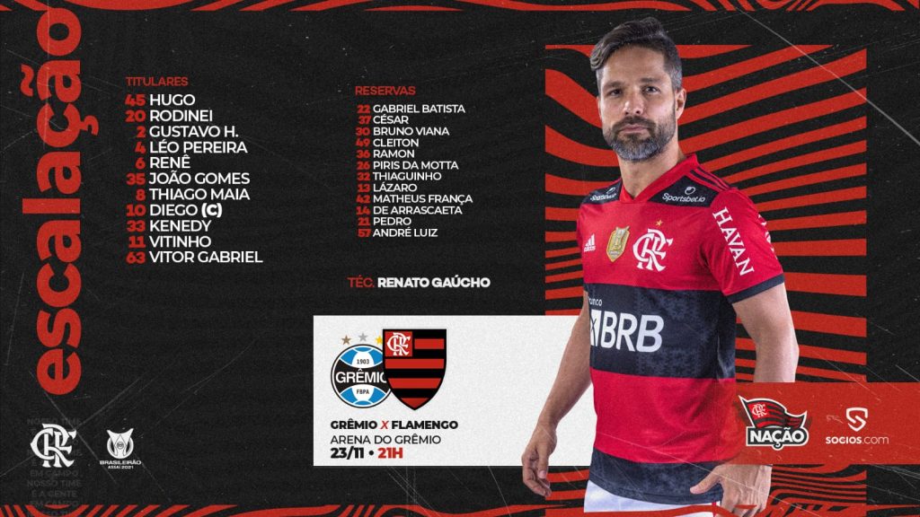 SAIU! Flamengo divulga escalação para jogo contra o Grêmio