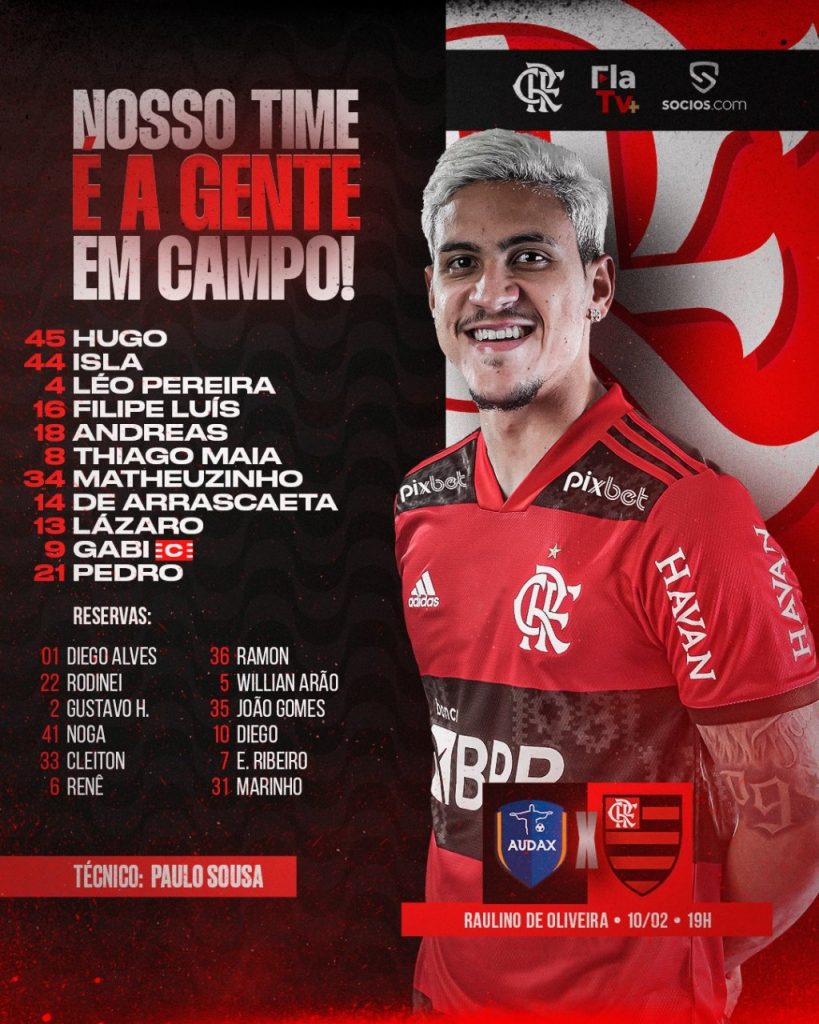 SAIU! Com Pedro e Gabigol no ataque, Flamengo divulga escalação para jogo contra Audax