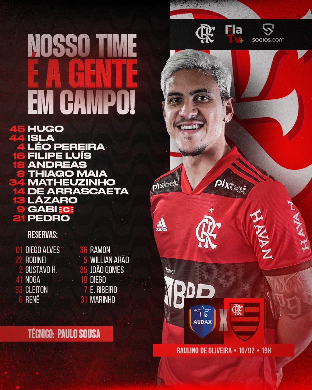 SAIU! Flamengo divulga escalação para jogo contra o Audax, pelo