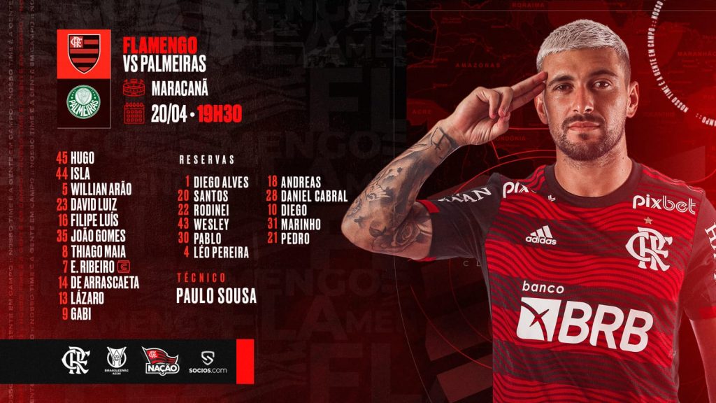 SAIU! Flamengo divulga escalação para jogo contra o Palmeiras