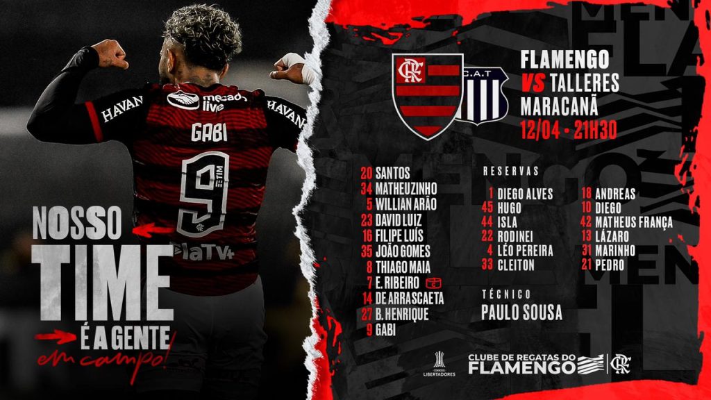 SAIU! Flamengo divulga escalação para jogo contra Talleres