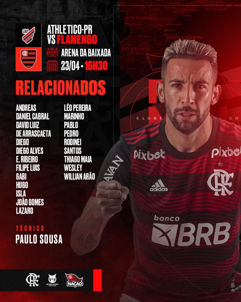 Flamengo divulga lista de relacionados para jogo contra o Athletico-PR