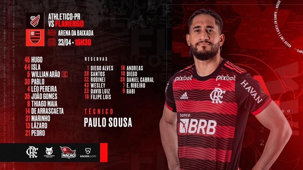 SAIU! Flamengo divulga escalação para jogo contra Athletico-PR