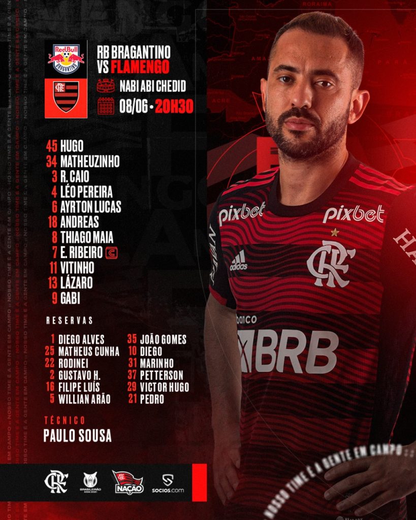 Saiu! Flamengo divulga escalação para encarar o Bragantino, pelo Brasileirão