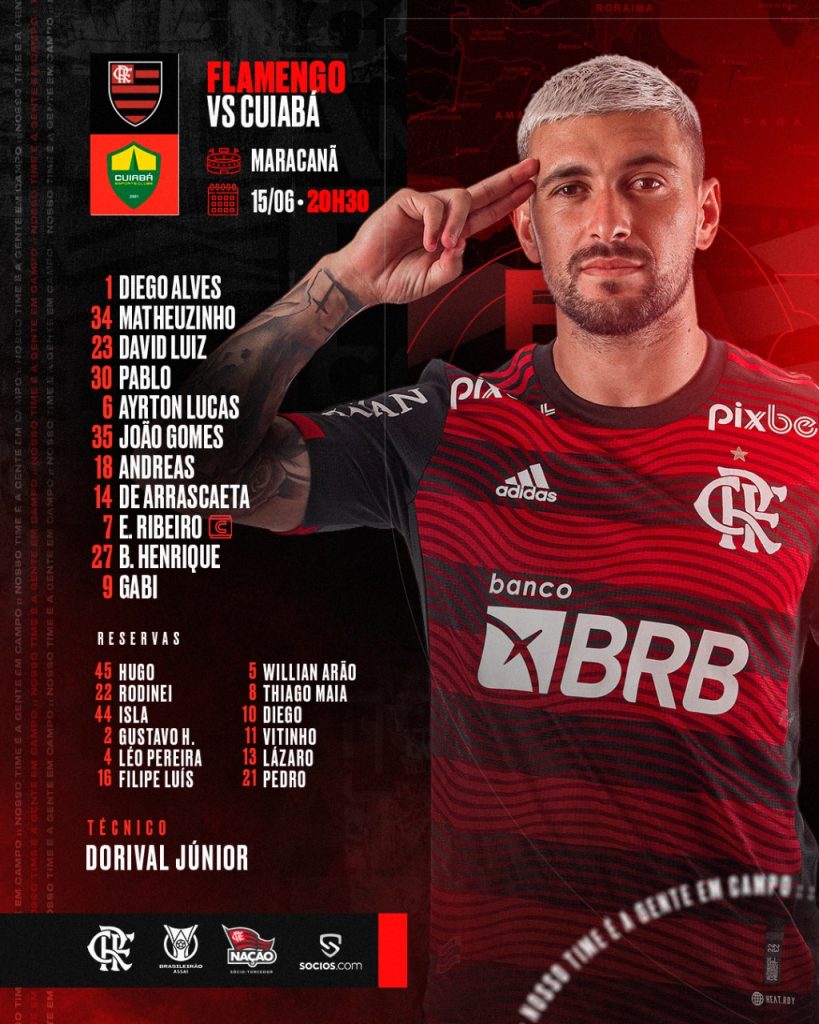 SAIU! Flamengo divulga escalação com 4 mudanças para jogo contra o Cuiabá