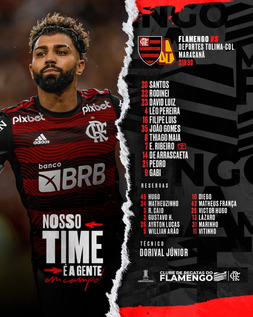 SAIU! Veja escalação do Flamengo para jogo contra o Tolima, pela Libertadores