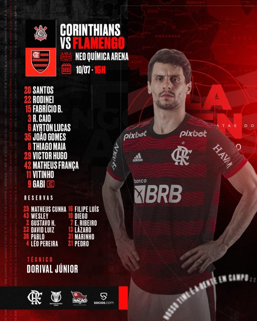 Saiu! Flamengo divulga escalação para jogo contra o Corinthians