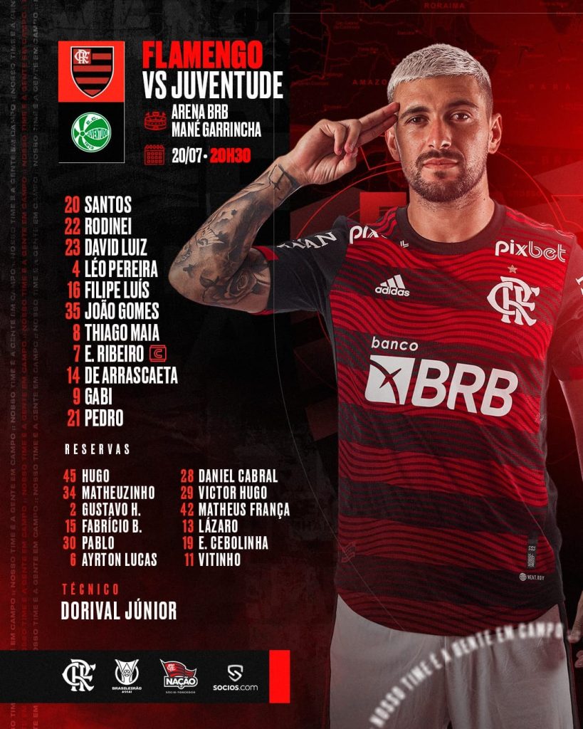 SAIU! Flamengo divulga escalação para jogo contra o Juventude