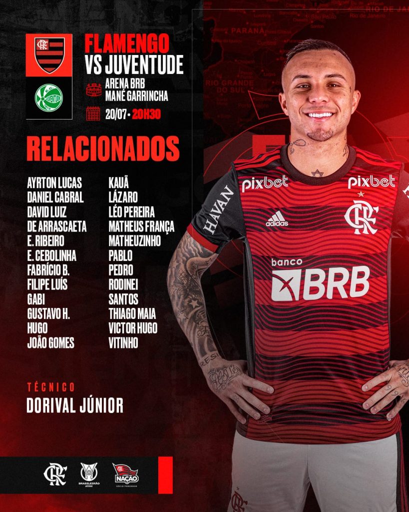 Flamengo divulga lista de relacionados para jogo contra o Juventude