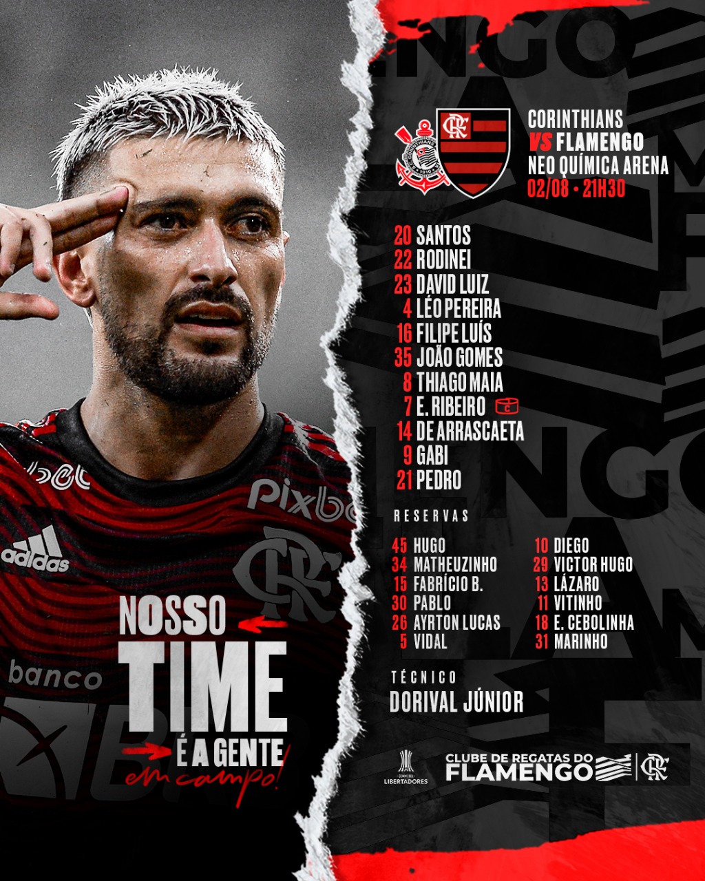 SAIU! Sem Arrascaeta, Flamengo divulga escalação para jogo contra o Santos