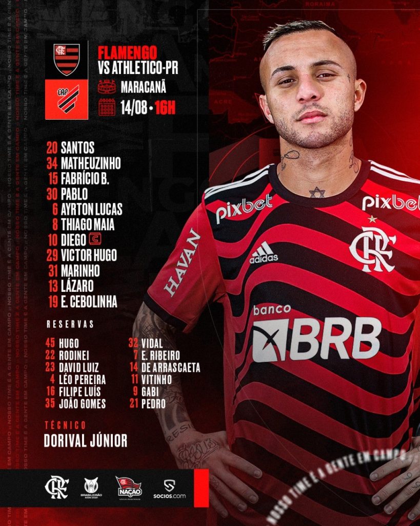 Saiu! Flamengo divulga escalação para jogo contra o Athletico-PR