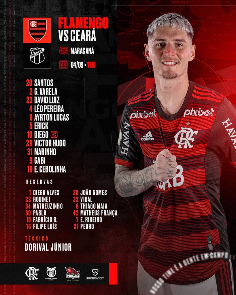 SAIU! Flamengo divulga escalação para jogo contra o Ceará