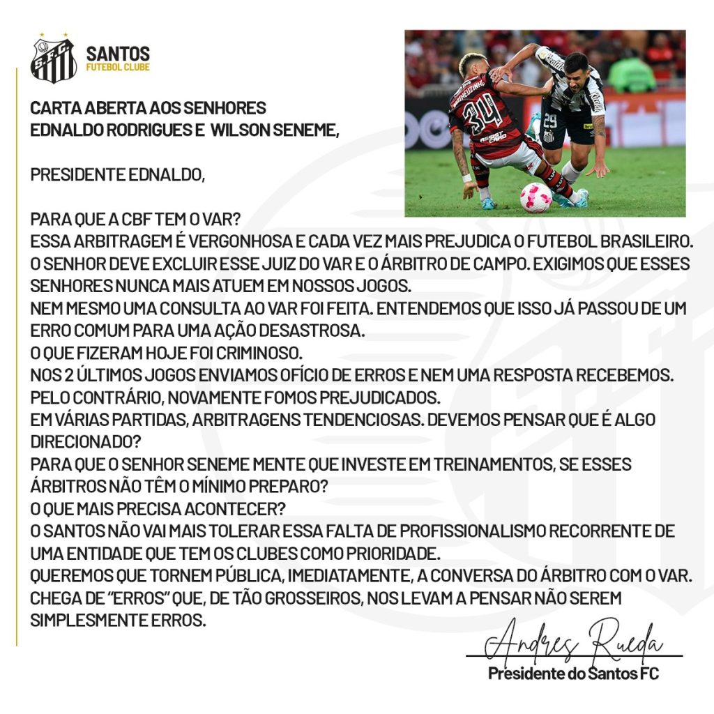 Santos emite nota e manda carta a presidente da CBF após derrota para o Flamengo