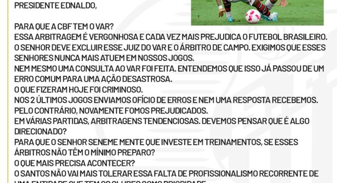 Santos emite nota e manda carta a presidente da CBF após derrota para o Flamengo
