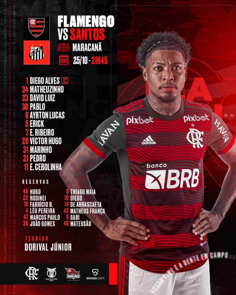 SAIU! Flamengo divulga escalação para jogo contra o Santos