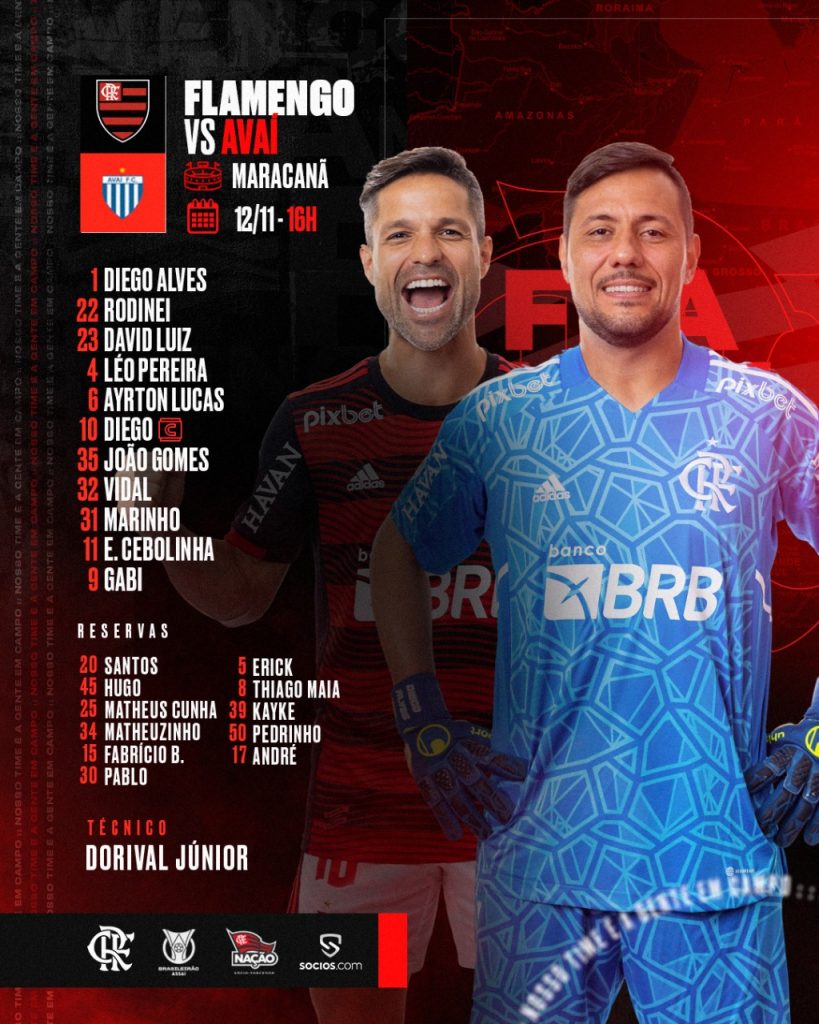 SAIU! Flamengo divulga escalação para jogo contra o Avaí, pelo Brasileirão