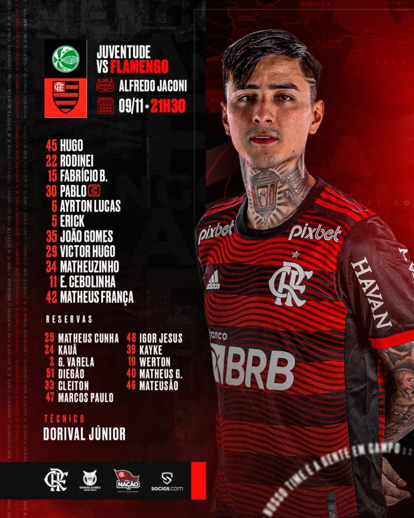 SAIU! Flamengo divulga escalação para jogo contra o Juventude, pelo Brasileirão