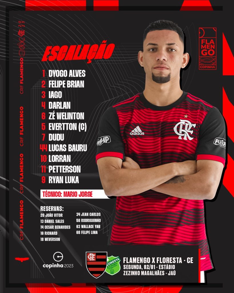 SAIU! Flamengo divulga escalação para jogo contra Floresta-CE, pela Copinha