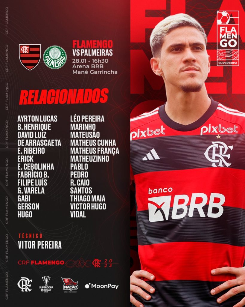 Flamengo divulga lista de relacionados para Supercopa do Brasil contra o Palmeiras