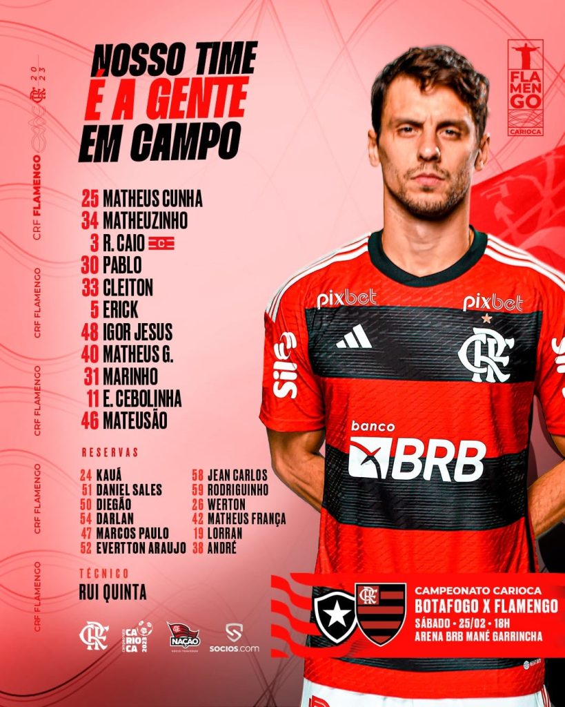 SAIU! Com time alternativo, Flamengo divulga escalação para jogo contra o Botafogo, pelo Carioca