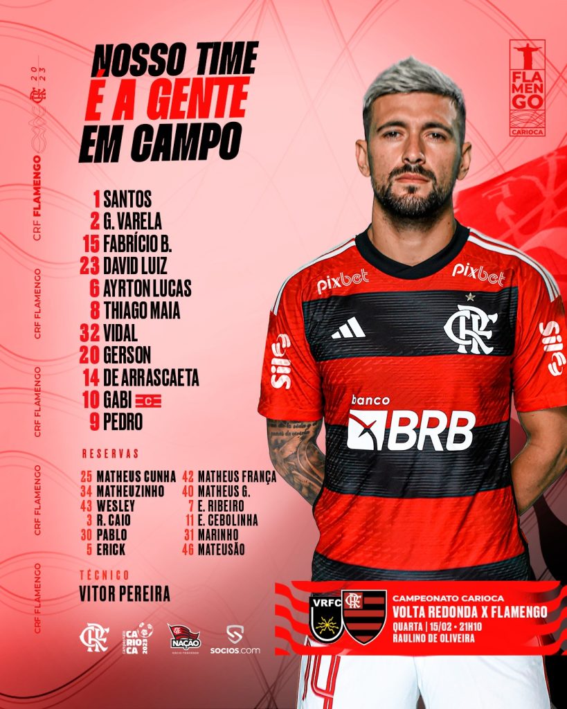 SAIU! Com Vidal titular, Flamengo divulga escalação para jogo contra o Volta Redonda, pelo Carioca