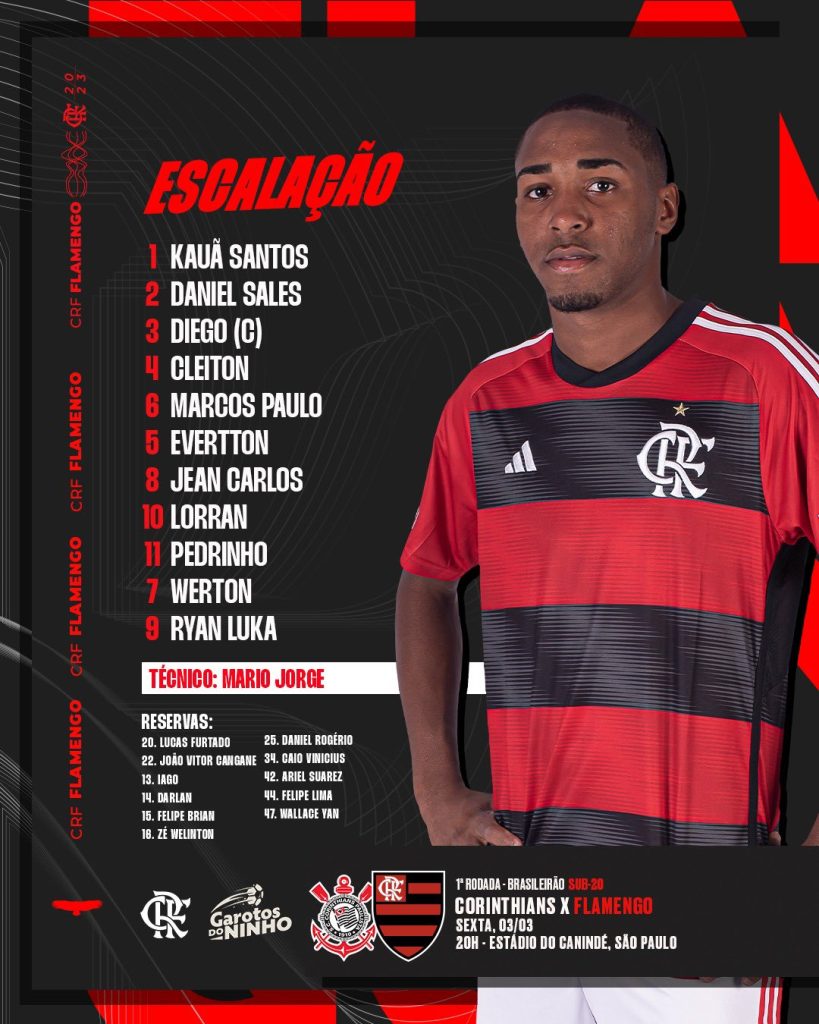 Com Lorran, Flamengo divulga escalação para estreia do Brasileirão Sub-20, contra Corinthians