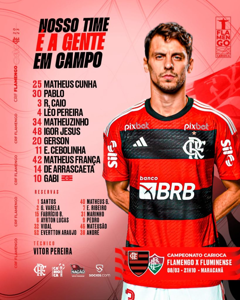 SAIU! Sem Santos e Everton Ribeiro, Flamengo divulga escalação para jogo contra Fluminense