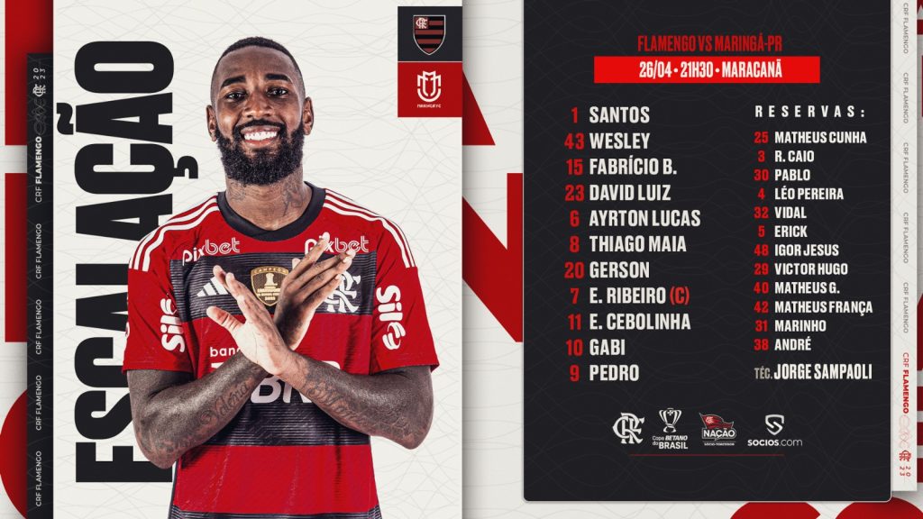 SAIU! Flamengo divulga escalação para jogo contra o Maringá, pela Copa do Brasil