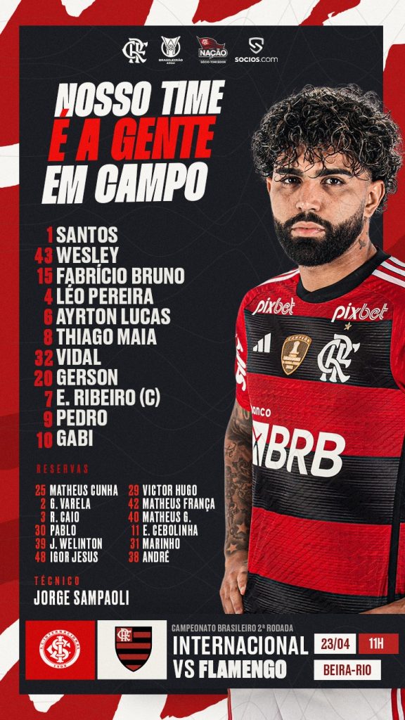 SAIU! Com Everton Ribeiro, Flamengo define escalação para jogo contra o Internacional, pelo Brasileirão