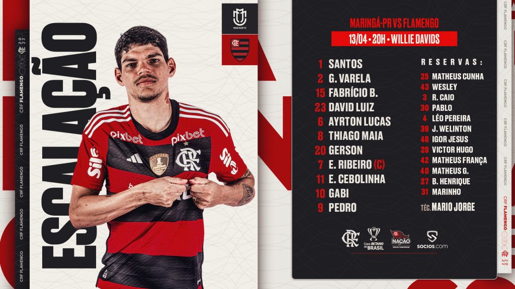 SAIU! Flamengo define escalação para jogo contra o Maringá, pela Copa do Brasil