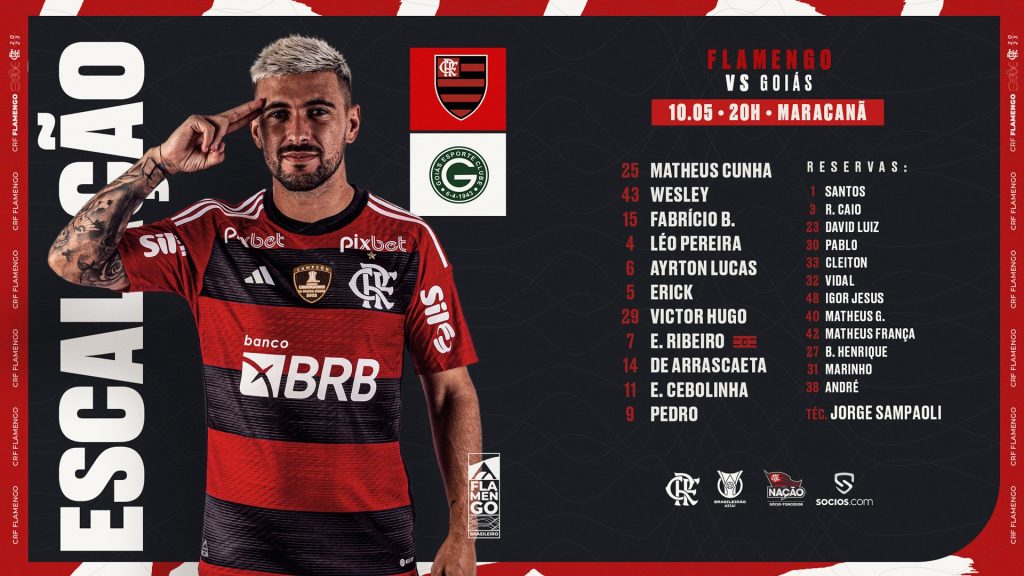 SAIU! Com Matheus Cunha, Flamengo divulga escalação para jogo contra Goiás, pelo Brasileirão